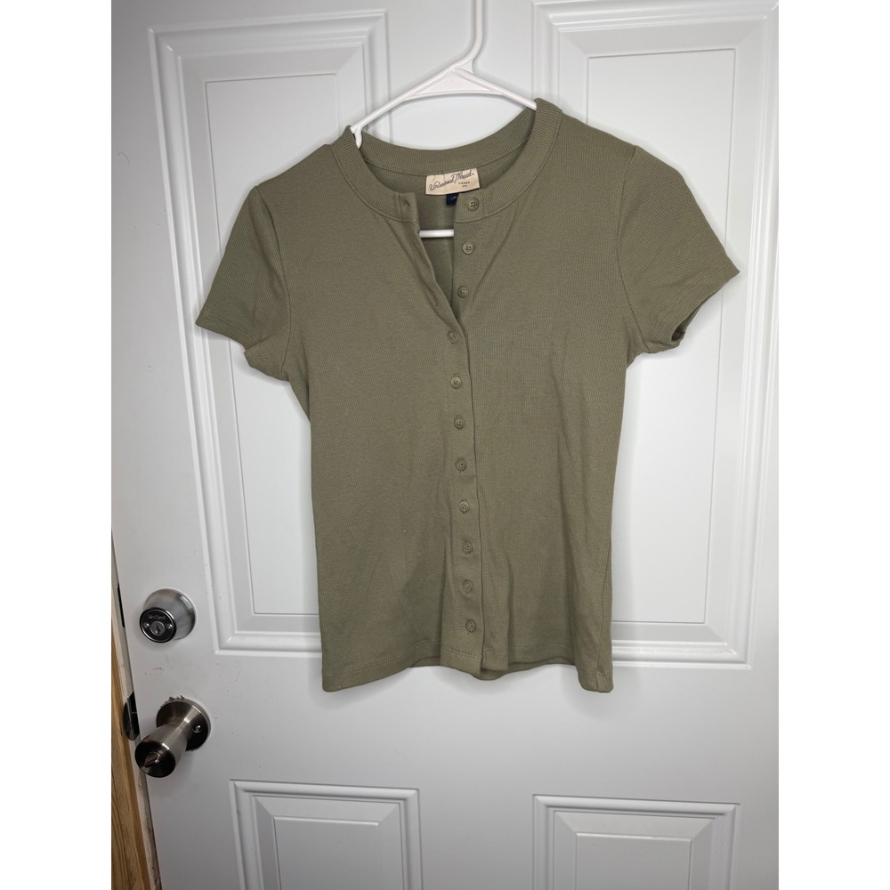Universal Thread Womens Olive Green Ribbed Button Down Short Sleeve Top Size M